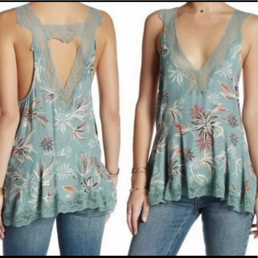 NWT Intimately Free People Seaglass Green Floral Bellflower Tank with Lace